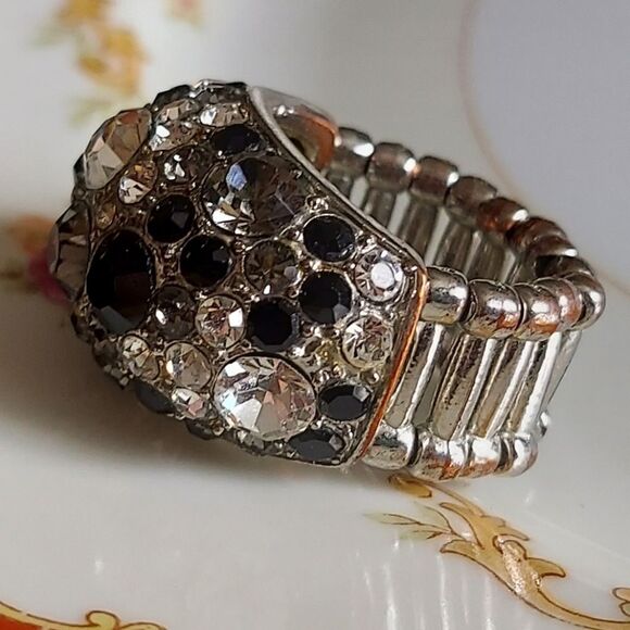 Vintage Black, Grey, White/Clear Rhinestone Statement Ring - Adjustable Band - Picture 9 of 12